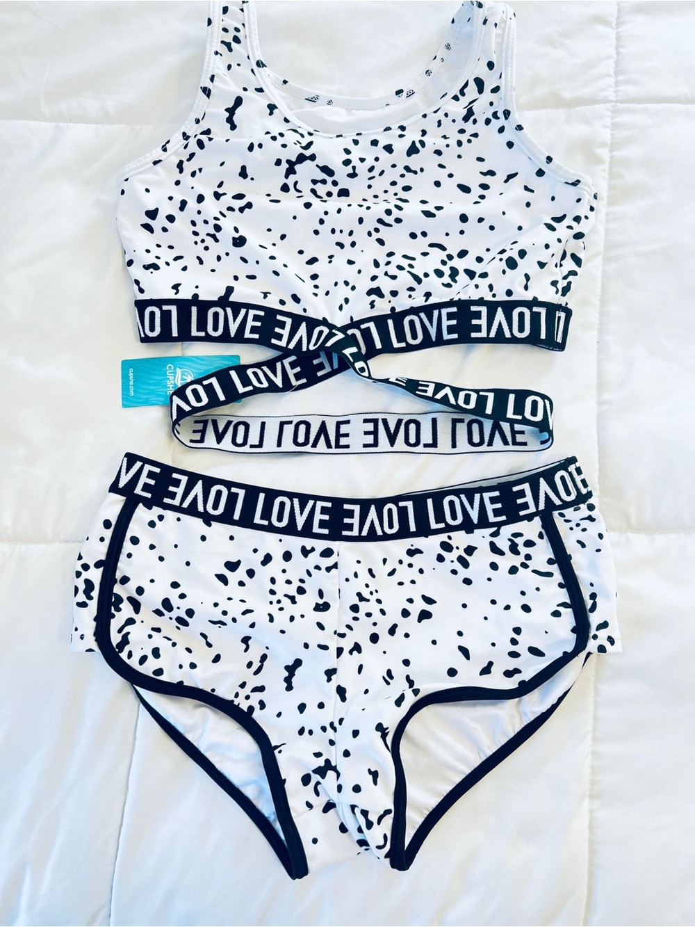 Cupshe White & Black Speckled Tank Bikini Set with LOVE Waistband